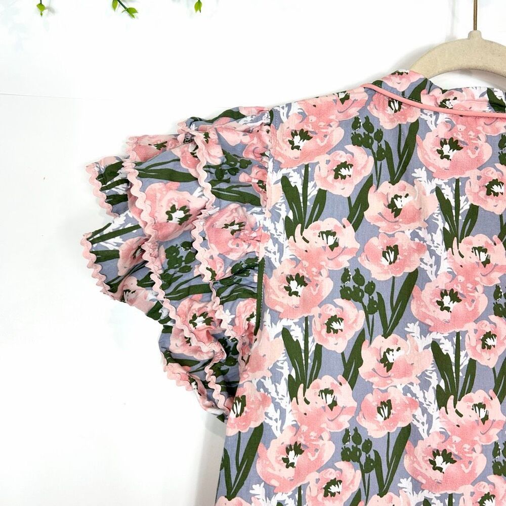 Jodifl Mini Dress Women Medium Pink Green Blue Floral Ric Rac Ruffle Button Down - Picture 3 of 16